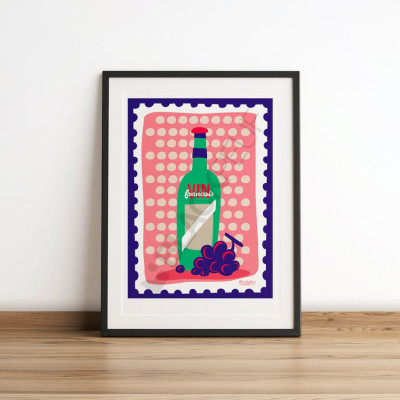Poster Les Timbrés Blackpeuf Vin Français con bottiglia di vino e uva – poster colorato e divertente