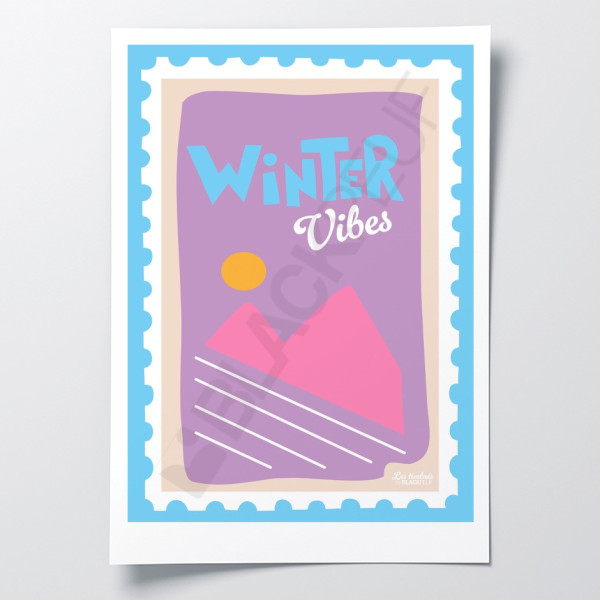 Les Timbrés Blackpeuf Winter Vibes poster featuring ski slopes, mountains and sunshine in shades of pink