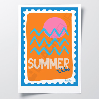 Les Timbrés Blackpeuf Summer Vibes poster featuring the sea and an orange-toned sunset – colourful humorous poster