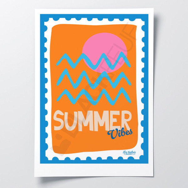 Les Timbrés Blackpeuf Summer Vibes poster featuring the sea and an orange-toned sunset – colourful humorous poster