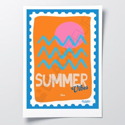 Affiche Les Timbrés Blackpeuf Summer Vibes avec mer et couché de soleil aux tons orange – poster coloré humoristique
