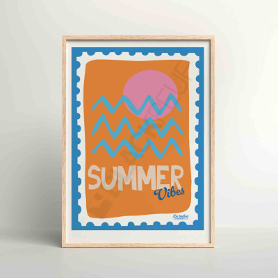 Les Timbrés Blackpeuf Summer Vibes poster featuring the sea and an orange-toned sunset – colourful humorous poster