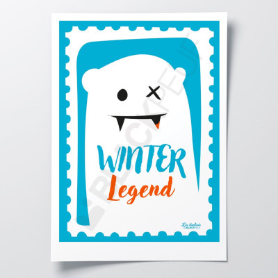 Poster „Les Timbrés Blackpeuf Winter Legend“ mit weißem Yeti auf blauem Hintergrund – farbenfrohes, humorvolles Poster