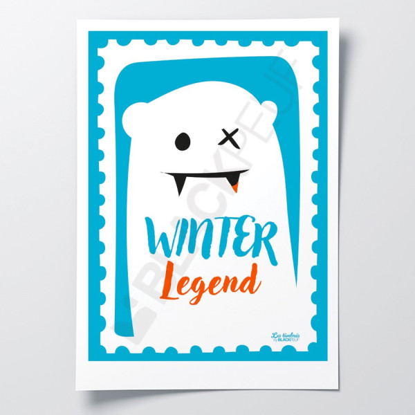 Poster „Les Timbrés Blackpeuf Winter Legend“ mit weißem Yeti auf blauem Hintergrund – farbenfrohes, humorvolles Poster