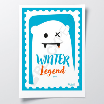 Poster „Les Timbrés Blackpeuf Winter Legend“ mit weißem Yeti auf blauem Hintergrund – farbenfrohes, humorvolles Poster