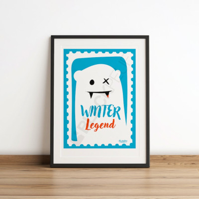 Affiche Les Timbrés Blackpeuf Winter Legend avec yéti blanc sur fond bleu – poster coloré humoristique pour décoration murale
