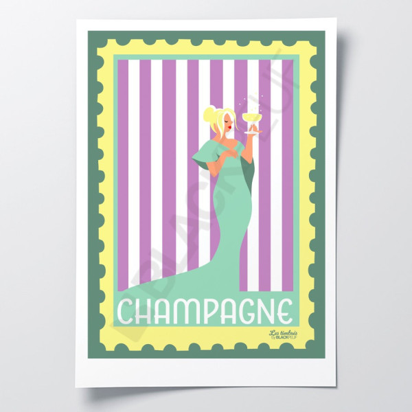 Manifesto Les Timbrés Blackpeuf Champagne Legend con una donna in abito verde che tiene in mano un bicchiere di champagne