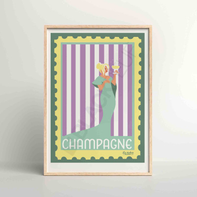 Manifesto Les Timbrés Blackpeuf Champagne Legend con una donna in abito verde che tiene in mano un bicchiere di champagne