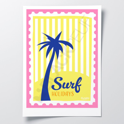 Les Timbrés Blackpeuf Surf Holidays poster with a palm tree on a yellow background – colourful humorous poster