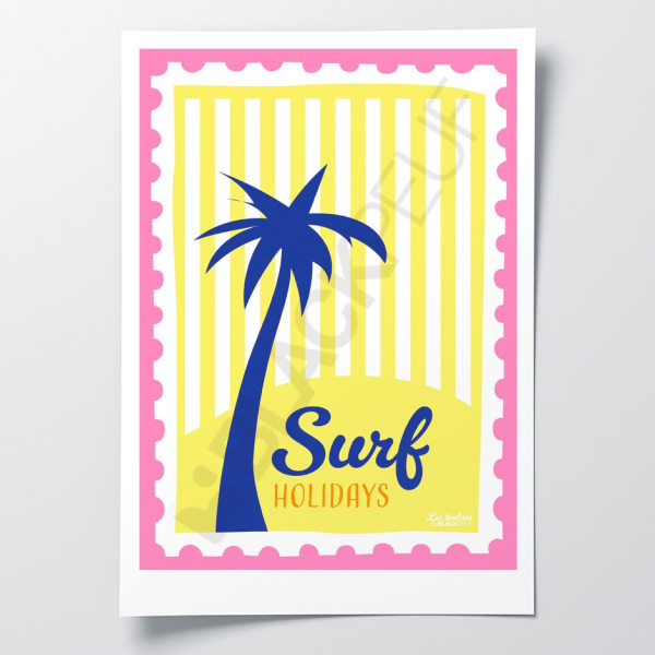 Les Timbrés Blackpeuf Surf Holidays poster with a palm tree on a yellow background – colourful humorous poster