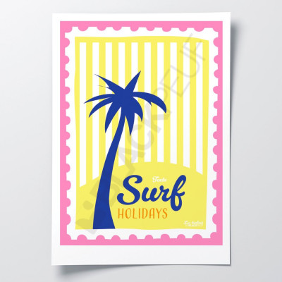 Les Timbrés Blackpeuf Surf Holidays poster with a palm tree on a yellow background – colourful humorous poster