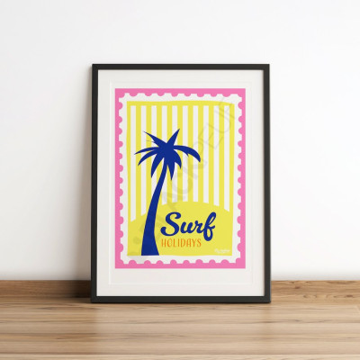 Les Timbrés Blackpeuf Surf Holidays poster with a palm tree on a yellow background – colourful humorous poster