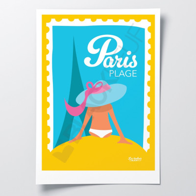 Affiche Les Timbrés Blackpeuf Paris Plage avec parisienne au chapeau jaune et bleu – poster coloré humoristique