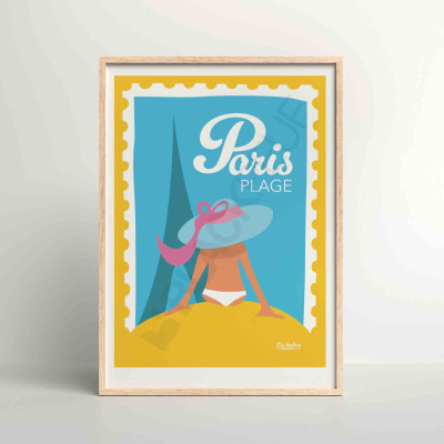 Poster Les Timbrés Blackpeuf Paris Plage con parigina con cappello giallo e blu – poster colorato e divertente