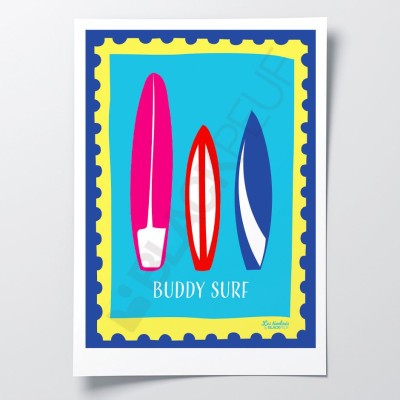 Les Timbrés Blackpeuf Buddy Surf poster featuring three colourful pink, red and blue surfboards – humorous poster Les Timbrés Blackpeuf Buddy Surf poster featuring three colourful pink, red and blue surfboards – humorous poster