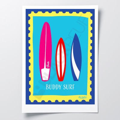 Affiche Les Timbrés Blackpeuf Buddy Surf avec trois surfs colorés rose, rouge et bleu – poster humoristique