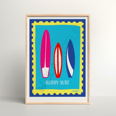 Les Timbrés Blackpeuf Buddy Surf poster featuring three colourful pink, red and blue surfboards – humorous poster Les Timbrés Blackpeuf Buddy Surf poster featuring three colourful pink, red and blue surfboards – humorous poster