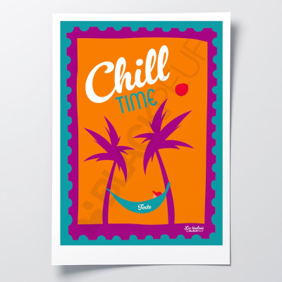 Affiche Les Timbrés Blackpeuf Chill Time avec palmier et hamac sur fond orange – poster coloré humoristique Affiche Les Timbrés Blackpeuf Chill Time avec palmier et hamac sur fond orange – poster coloré humoristique