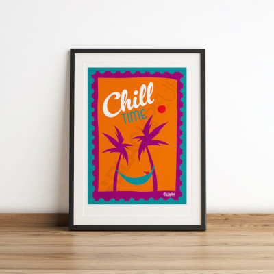 Affiche Les Timbrés Blackpeuf Chill Time avec palmier et hamac sur fond orange – poster coloré humoristique Affiche Les Timbrés Blackpeuf Chill Time avec palmier et hamac sur fond orange – poster coloré humoristique