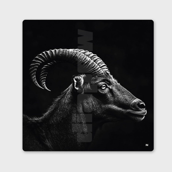 Quadro in bianco e nero, fotografia minimalista, decorazione murale di design raffigurante un ariete delle vette.