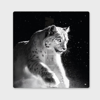 Quadro in bianco e nero, fotografia minimalista, decorazione murale di design raffigurante una pantera delle nevi. Quadro in bianco e nero, fotografia minimalista, decorazione murale di design raffigurante una pantera delle nevi.