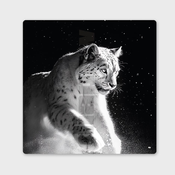 Quadro in bianco e nero, fotografia minimalista, decorazione murale di design raffigurante una pantera delle nevi.