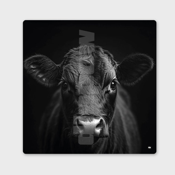 Tableau noir et blanc, photographie minimaliste, décoration murale design d'une vache noire pour intérieur moderne.