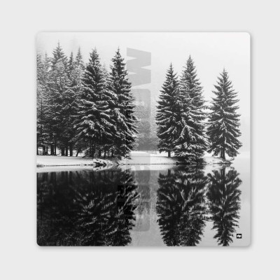 Photo noir et blanc d’un lac entouré de sapins avec reflets dans l’eau. Tableau murale d'hiver design et moderne. Photo noir et blanc d’un lac entouré de sapins avec reflets dans l’eau. Tableau murale d'hiver design et moderne.