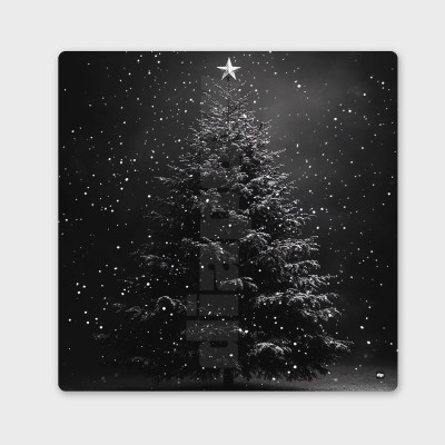 Photo noir et blanc d’un sapin de noël avec des flocons de neige. Tableau murale d'hiver design et moderne. Photo noir et blanc d’un sapin de noël avec des flocons de neige. Tableau murale d'hiver design et moderne.