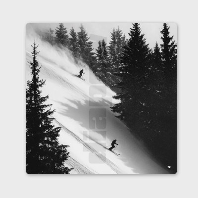 Tableau noir et blanc, photographie d'une descente à ski entre les sapins pour décoration murale design. Tableau noir et blanc, photographie d'une descente à ski entre les sapins pour décoration murale design.