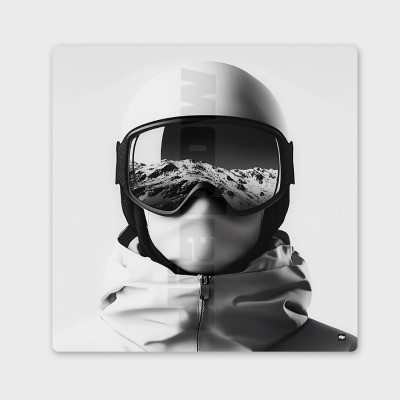 Tableau noir et blanc, photographie minimaliste, décoration murale design d’un skieur avec casque, masque et lunettes. Tableau noir et blanc, photographie minimaliste, décoration murale design d’un skieur avec casque, masque et lunettes.