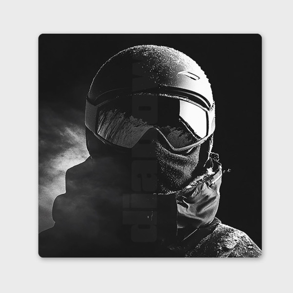 Tableau noir et blanc, photographie minimaliste, décoration murale design d’un skieur avec casque, masque et lunettes.