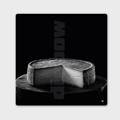 Affiche noir et blanc, photographie d'un fromage de tomme savoyarde pour décoration murale design et moderne. Affiche noir et blanc, photographie d'un fromage de tomme savoyarde pour décoration murale design et moderne.
