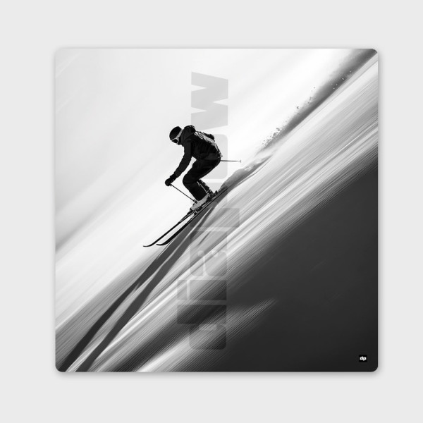 Fotografia in bianco e nero di uno sciatore che sfreccia lungo una pista, un quadro da parete moderno e di design.