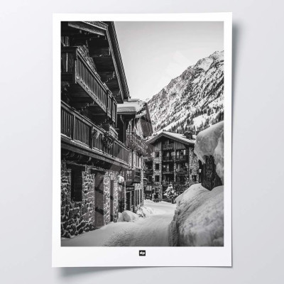 Black and white poster, photograph of a village in a ski resort for a modern design wall decoration.