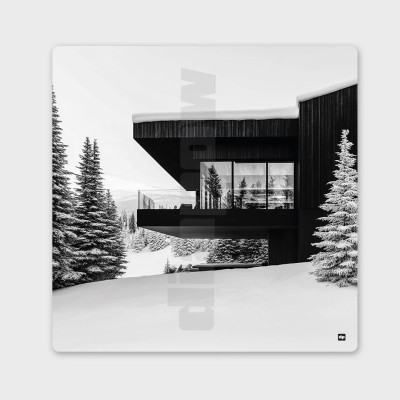 Tableau noir et blanc, photographie d'un chalet de luxe dans la montagne, entre neige et sapins, pour décoration moderne. Tableau noir et blanc, photographie d'un chalet de luxe dans la montagne, entre neige et sapins, pour décoration moderne.