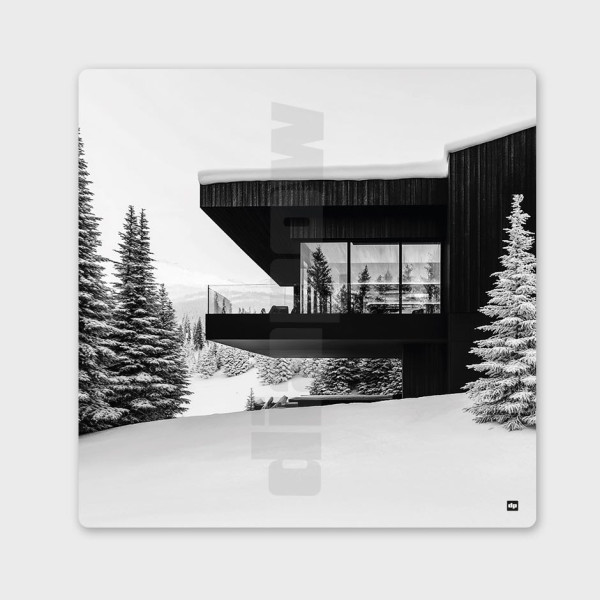 Schwarz-Weiß-Gemälde, Fotografie einer luxuriösen Berghütte zwischen Schnee und Tannen, für eine moderne Dekoration.