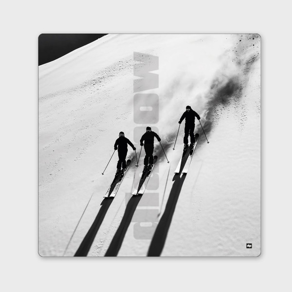 Black and white photograph of a shared ski descent. Designer ski wall art for modern interior decoration.