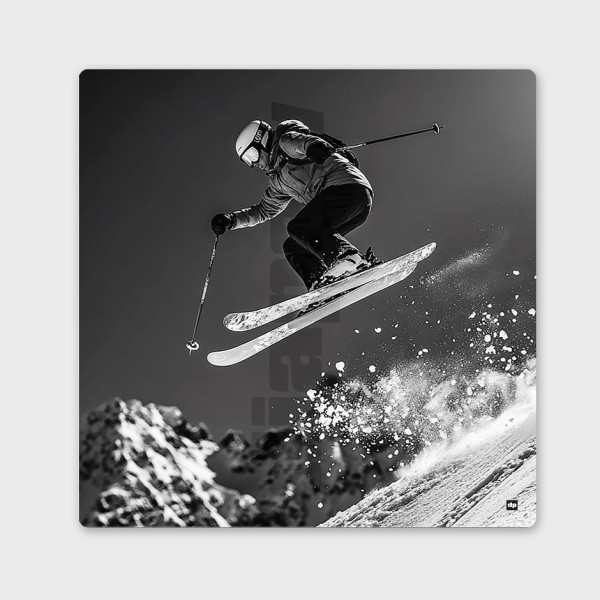 Skieur en saut dans la poudreuse, photo noir et blanc dynamique pour déco murale design.