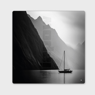 Photo noir et blanc d'un voilier entre monts et mer. Tableau murale design pour décoration intérieure moderne. Photo noir et blanc d'un voilier entre monts et mer. Tableau murale design pour décoration intérieure moderne.