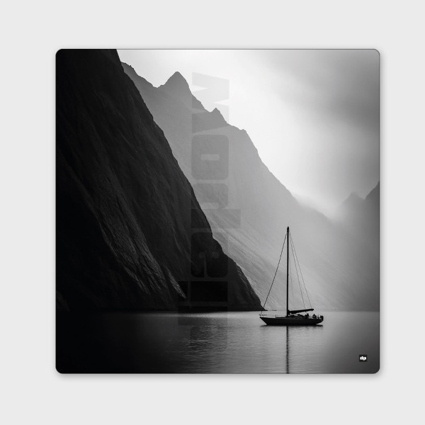 Foto in bianco e nero di una barca a vela tra montagne e mare. Quadro da parete di design per arredamento moderno.