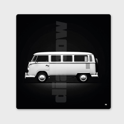 Photo noir et blanc d'un van pour road trip. Tableau murale design pour décoration intérieure moderne.