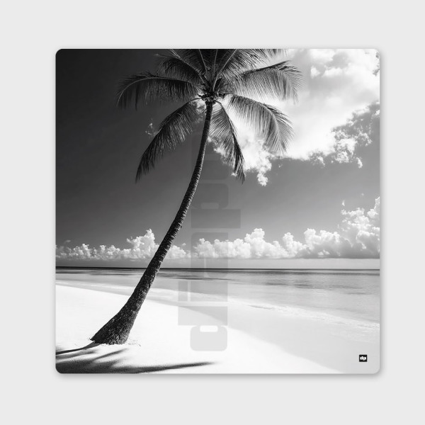 Photo noir et blanc d'une plage paradisiaque. Tableau murale design et apaisante pour décoration intérieure moderne.
