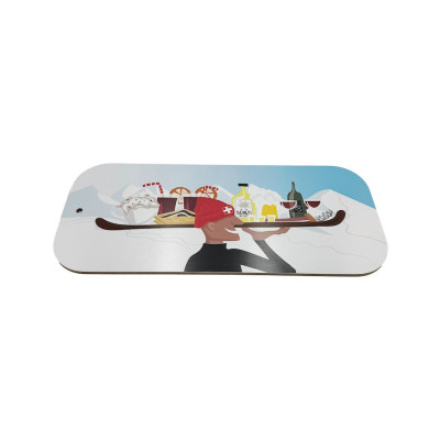 Planche à découper Blackpeuf avec illustration colorée d’un barman des alpes au ski.