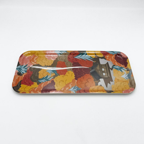 Blackpeuf wooden kitchen tray with colourful illustration of a chalet in the middle of the woods.
