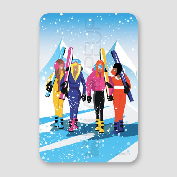 A painting of a girls' skiing trip in bright, light colours, perfect for modern, designer décor.