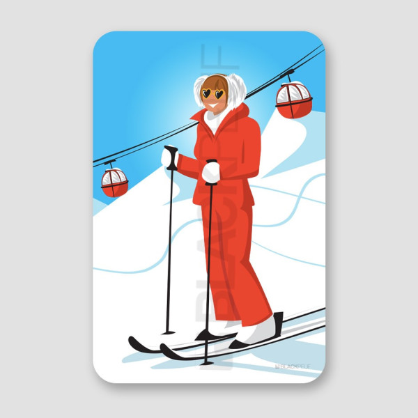 Gigi wall painting, Marie-Anne Chazel skiing. Humour star known for red and blue skiing for modern decoration.