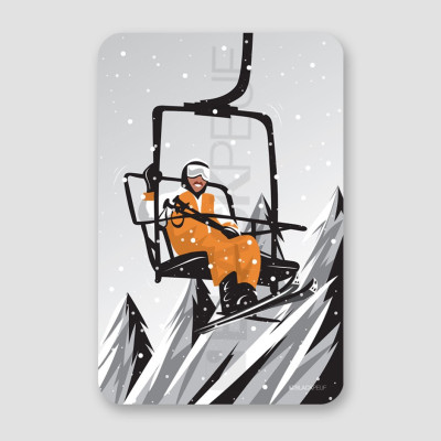Wandbild von Michel Dussé: Weißer Skifahrer auf einem Sessellift. Humor, Orange und Schwarz als Dekoration. Wandbild von Michel Dussé: Weißer Skifahrer auf einem Sessellift. Humor, Orange und Schwarz als Dekoration.