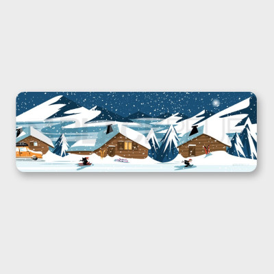 Tableau mural panoramique d’une station de ski dans la nuit, avec ciel étoilé et nuages, pour la décoration.