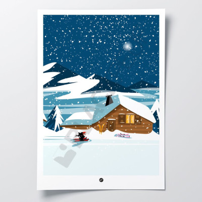 Wandposter eines Skigebiets bei Nacht, mit Sternenhimmel und Wolken, zur Dekoration.
